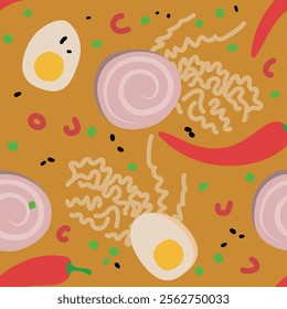 Seamless Vector Pattern of Ramen Soup Components Featuring Meat, Noodles, Eggs, Chili, Spring Onion, and Black Sesame