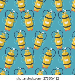 Seamless vector pattern with randomly flat color design yellow aqualung with one cylinder for diving on blue background.