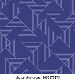 Seamless vector pattern with randomly scattered lined triangles in light blue on a cobalt blue background. Modern geometric design great for fabric, textiles, wrapping paper, packaging, gifts.