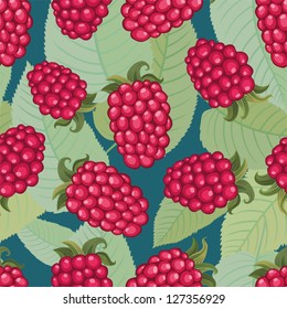 Seamless vector pattern: rasbperry and leaves on dark background
