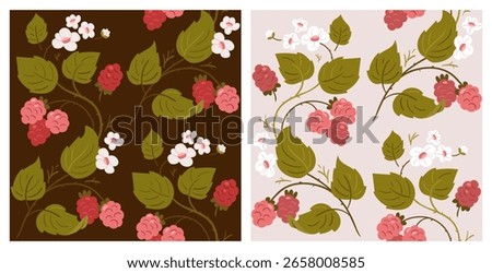 Seamless vector pattern with raspberries, green leaves, and white flowers on dark and light backgrounds. Botanical illustration perfect for textiles, packaging, and wallpaper design.