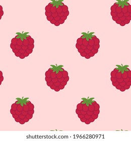 Seamless vector pattern with raspberries on a pink background  Suitable for the design of textile fabric, wrapping paper, and wallpaper for websites. Vector illustration.