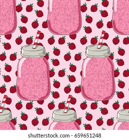 Seamless vector pattern. Raspberry smoothie in the can and hand drawn colored raspberries pattern on the light pink background.