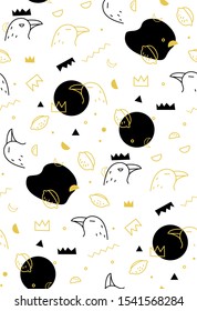 Seamless vector pattern of raven on white background. Decorative texture of crow and crown.