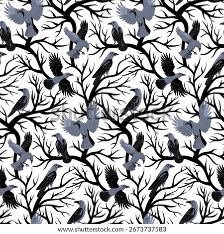 Seamless vector pattern with ravens sitting and flying among bare tree branches. Perfect for gothic design, Halloween, textiles, wallpapers, packaging, book covers and mysterious dark-themed projects.