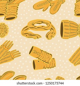 Seamless vector pattern with realistic hand drawn hat with a pompom, scarf, mittens and shoes with knitted cuffs. Set knitted seasonal winter traditional accessories with ornament vector illustration