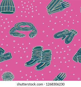 Seamless vector pattern with realistic hand drawn hat with a pompom, scarf, mittens and shoes with knitted cuffs. Set knitted seasonal winter traditional accessories with ornament vector illustration