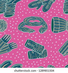 Seamless vector pattern with realistic hand drawn hat with a pompom, scarf, mittens and shoes with knitted cuffs. Set knitted seasonal winter traditional accessories with ornament vector illustration