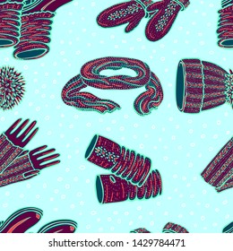 Seamless vector pattern with realistic hand drawn hat with a pompom, scarf, mittens and shoes with knitted cuffs. Set knitted seasonal winter traditional accessories with ornament vector illustration