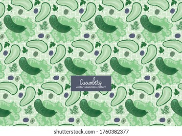 Seamless vector pattern. Realistic image of cucumbers, lettuce leaves, greens, parsley, dill, olives. Designed for printing on textiles, kitchen equipment.