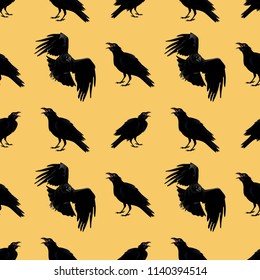 Seamless vector pattern with realistic ravens silhouettes on orange background.