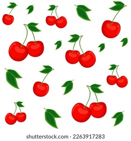 Seamless vector pattern with realistic red cherries and green leaves on a white background for your design and creativity
