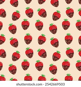 Seamless vector pattern with realistic strawberries in black chocolate on a beige background. Perfect for print, wrapping paper, wallpaper, fabric, Valentine's Day design, wedding, birthday. 
