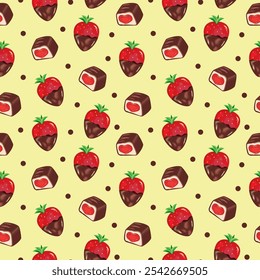 Seamless vector pattern with realistic strawberries in black chocolate and candies on a yellow background. For print, wrapping paper, wallpaper, fabric, Valentine's Day design, wedding, birthday. 