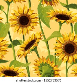 Seamless vector pattern of realistic sunflower flowers on a yellow background, with stems and leaves.