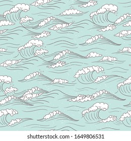 Seamless vector pattern with realistic waves. Design for backdrops with sea, rivers or water texture. Repeating texture. Figure for textiles. Print for the cover of the book, postcards, t-shirts. 