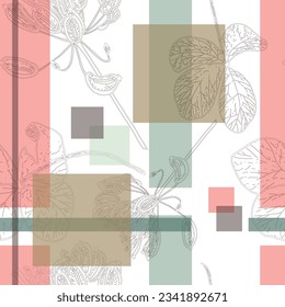 Seamless vector pattern of rectangles and outlines of flowers on a white background.