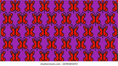 Seamless vector pattern with red abstract floral motifs on a purple background, creating a bold ornamental wallpaper design.