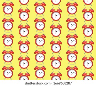 Seamless vector pattern with red alarm clock on yellow background, Pattern graphic design style, Vector illustration
