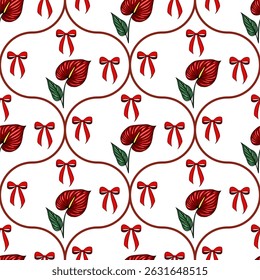 Padrão vetorial contínuo com flores vermelhas de antúrio e arcos em um fundo branco, criando um design festivo e elegante.
