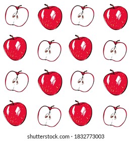 Seamless vector pattern with red apple on a white isolated background. Hand drawn pattern. For fabric, cover, and background.