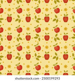 Seamless vector pattern with red apples and hand-drawn flowers.