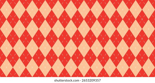 Seamless vector pattern with red and beige argyle diamonds, geometric textile texture with stitched elements, festive design symbolizing Christmas and winter, for backgrounds, fabrics, wrapping