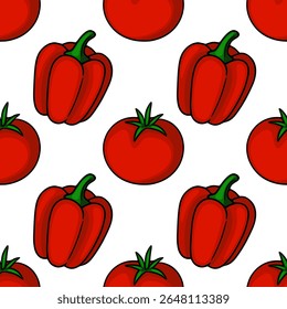 Seamless vector pattern of red bell peppers and tomatoes, vibrant illustration with bold outlines on a white background, perfect for kitchen designs or food-related projects.