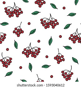 Seamless vector pattern with red berries on white background. Simple wallpaper design with rowan berry and leaves.