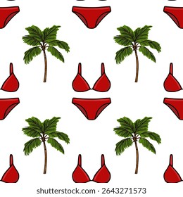 Seamless vector pattern of red bikini and palm trees, a vibrant summer design perfect for swimwear or tropical themed projects.