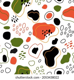 Seamless vector pattern with red, black and green spotn on a white background.