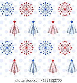 Seamless vector pattern with red and blue fir trees, snowflakes and dots on a white background. Festive illustration. Beautiful tiles, packaging, textiles, postcard, wallpaper design. 