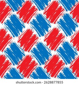 Seamless vector pattern with red and blue brush strokes in checkerboard layout bold abstract repeat design for textile fabric packaging modern background vibrant artistic texture dynamic creative spla