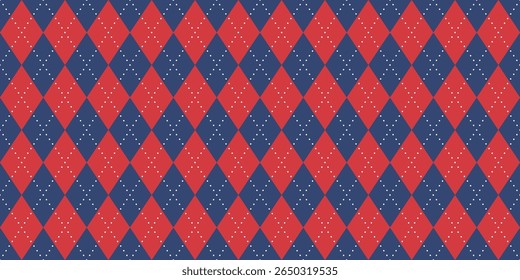 Seamless vector pattern red blue argyle diamond check textile background geometric repeat design festive dotted Christmas winter cozy traditional vintage style stitched modern apparel classic