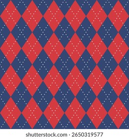 Seamless vector pattern red blue argyle diamond check textile background geometric repeat design festive dotted Christmas winter cozy traditional vintage style stitched modern apparel classic
