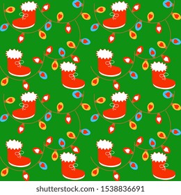 Seamless vector pattern with red boots with multi-colored garlands on a green artistic background. Cover design, packaging and wrapping background.