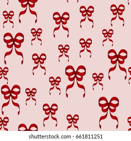Seamless vector pattern with red bows stylized with silk ribbon. The wallpaper is usable for decorating gift boxes, wrapping paper, printing on textiles and as a backdrop for holiday cards