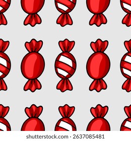 Seamless vector pattern of red candy in cartoon style, alternating between solid and striped designs on a light gray background, ideal for festive packaging or holiday-themed projects.