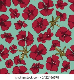 A seamless vector pattern with red carnation flowers. Surface print design.
