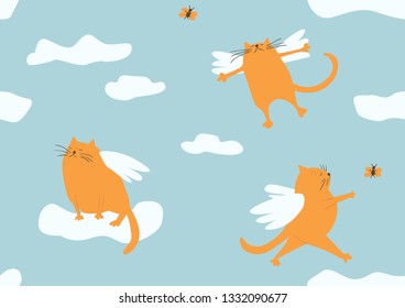 Сute seamless vector pattern with red cats with wings flying in blue sky among white clouds.