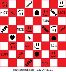 seamless vector pattern of red checked and love symbols 