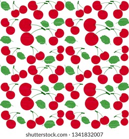 Seamless vector pattern with red cherries on a white background, artistic. Appetizing illustration for a healthy diet, textured. Beautiful wrapper, cover, textiles, wallpaper design.