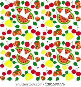 Seamless vector pattern of red cherries, strawberries, lemon, watermelon, leaves scattered on a white background, artistic. Juicy ingredients for dessert illustration. Summer design.