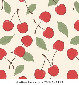 Seamless vector pattern with red cherries and green leaves in a flat cartoon style. Ideal for fabric, packaging, wallpaper, wrapping paper, kids' products, and summer-themed graphic design projects.