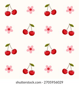 Padrão de vetor sem costura com cerejas vermelhas e flores rosa simples espaçadas uniformemente em um fundo claro. Estilo plano mínimo para estampas de tecido, decoração de berçário, primavera bonito ou fundos de verão.