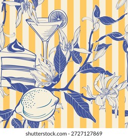 Seamless vector pattern with red cherry, strawbery, flowers and striped green on vertical stripes. Bright and playful Mediterranean design for fabric, branding, kitchen decor, gift wrap or summer. 