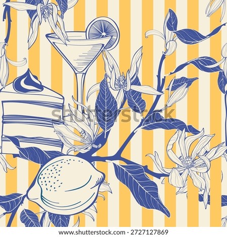 Seamless vector pattern with red cherry, strawbery, flowers and striped green on vertical stripes. Bright and playful Mediterranean design for fabric, branding, kitchen decor, gift wrap or summer. 