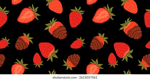 Seamless vector pattern with red chocolate covered strawberries on an isolated background in a flat style. Ideal for print, wrapping paper, wallpaper, fabric, design.