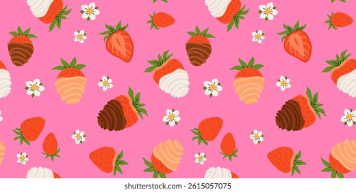 Seamless vector pattern with red chocolate covered strawberries on an isolated background in a flat style. Ideal for print, wrapping paper, wallpaper, fabric, design.