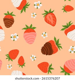 Seamless vector pattern with red chocolate covered strawberries on an isolated background in a flat style. Ideal for print, wrapping paper, wallpaper, fabric, design.